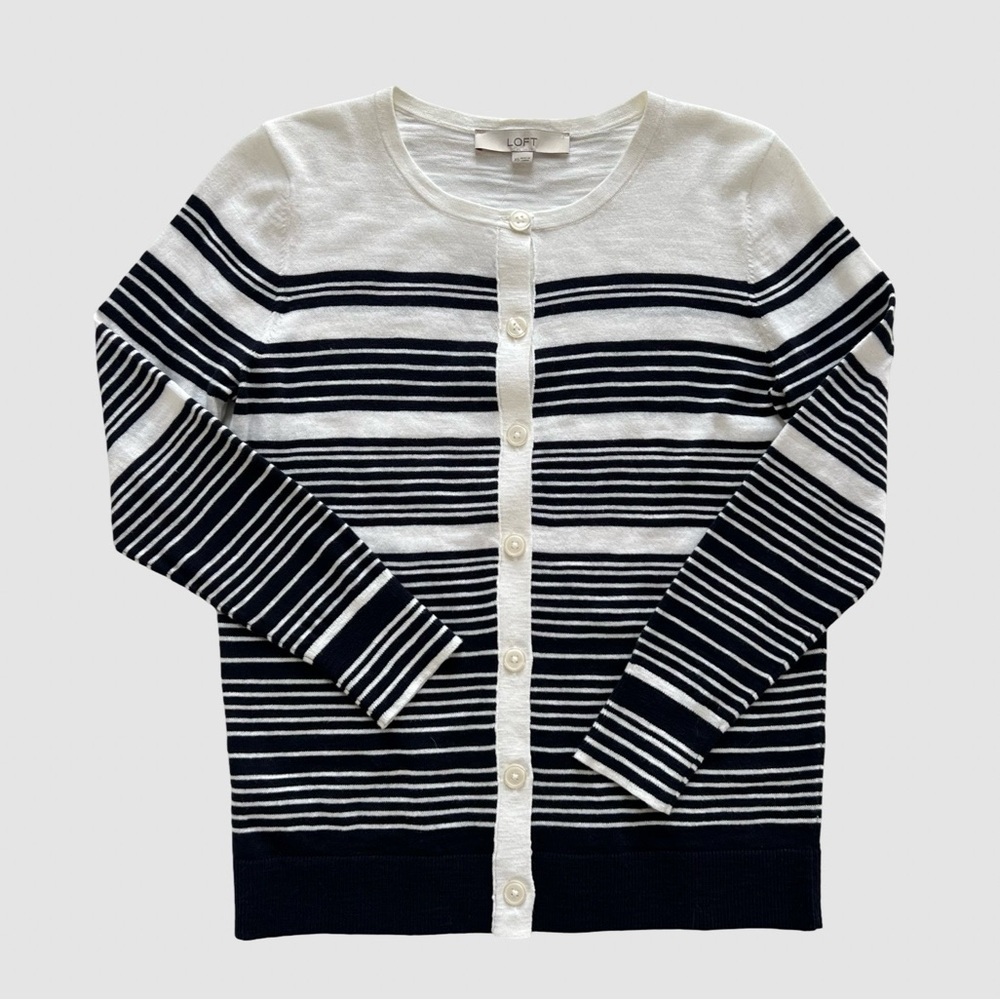 LOFT Striped Cotton Cardigan XS Black White Classic Button Front NWT